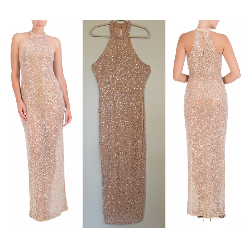 Bcbgmaxazria Sequin Mock Neck Long Dress In Caf Size 10